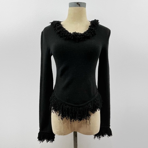 Vintage Sharagano Black Fringe Sweater Knot Fitted Long Sleeve - Picture 1 of 5